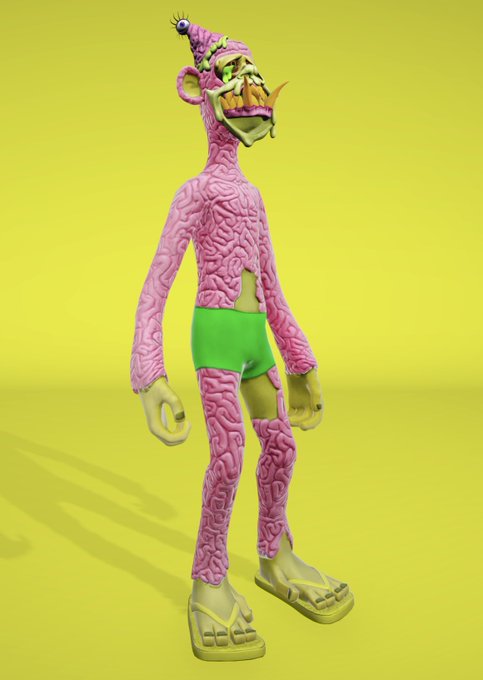 A 3D-rendered pink, brain-textured humanoid figure wearing a party hat, green shorts, and flip-flops, standing against a bright yellow background.