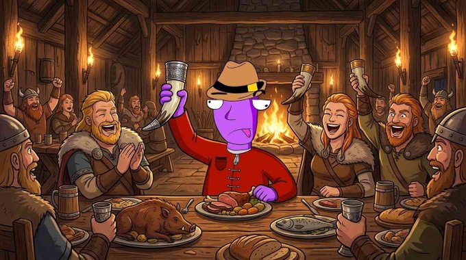 A cartoon illustration of a purple-skinned character with a hat and red outfit raising a drinking horn at a Viking feast, surrounded by celebrating Viking warriors with torches, food, and mead in a wooden longhouse.