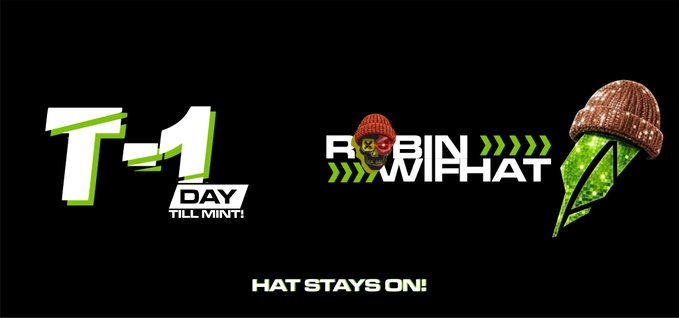 Promotional graphic displaying 'T-1 DAY TILL MINT', 'ROBIN WHAT' logo, a skull wearing a red beanie, a green acorn, and text reading 'HAT STAYS ON!'.