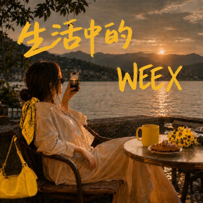 Lifestyle photo of a woman in a cream dress taking a sunset photo with her phone by the water, with Chinese text '生活中的WEEK' overlaid.