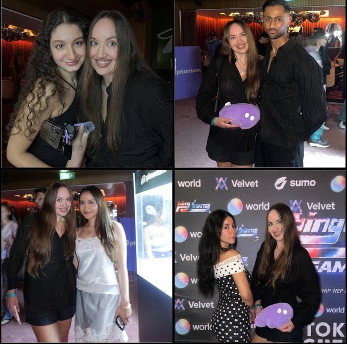 A collage of four photos showing attendees posing at what appears to be a promotional event, with the "phantom," "world," "Velvet," and "sumo" logos visible on the backdrop, along with a "The Phantom" branded plush toy held by guests, suggesting the "party" referenced in the caption is the Phantom launch event in Singapore.