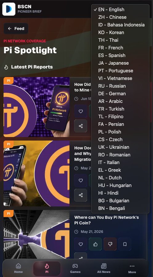The image shows the BSCN app interface displaying the "Pi Spotlight" section with a dropdown menu listing 26 language options (including EN-English, ZH-Chinese, KO-Korean, TH-Thai, FR-French, and others up to BN-Bengali), alongside Pi Network news articles. This visually demonstrates the platform's multilingual accessibility for the global Pi Network community.