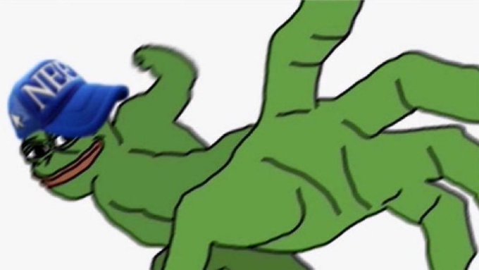 A Pepe the Frog meme showing the green cartoon character wearing a blue baseball cap with 'NER' visible on it, appearing to flex with multiple muscular arms.