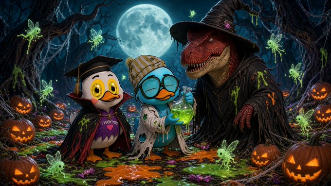A spooky Halloween illustration depicts two costumed penguins—one as a vampire and one as a mad scientist with a bubbling potion—standing beside a T-Rex dressed as a witch, surrounded by glowing jack-o'-lanterns and green fairies.