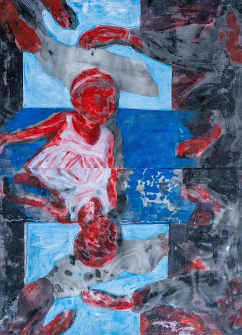 An abstract painting featuring distorted figures rendered in red and gray against a blue and white checkered background, showing symmetrical mirrored human forms.