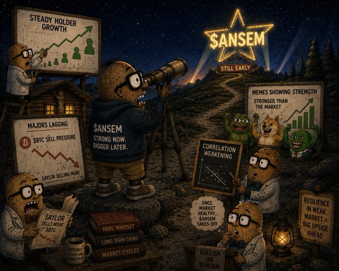 A promotional crypto meme image featuring cartoon potatoes wearing glasses with text including 'SANSEM', '$ANSEM STILL EARLY', 'STEADY HOLDER GROWTH', 'STRONG NOW. BIGGER LATER.', and 'HODL MINDSET'.