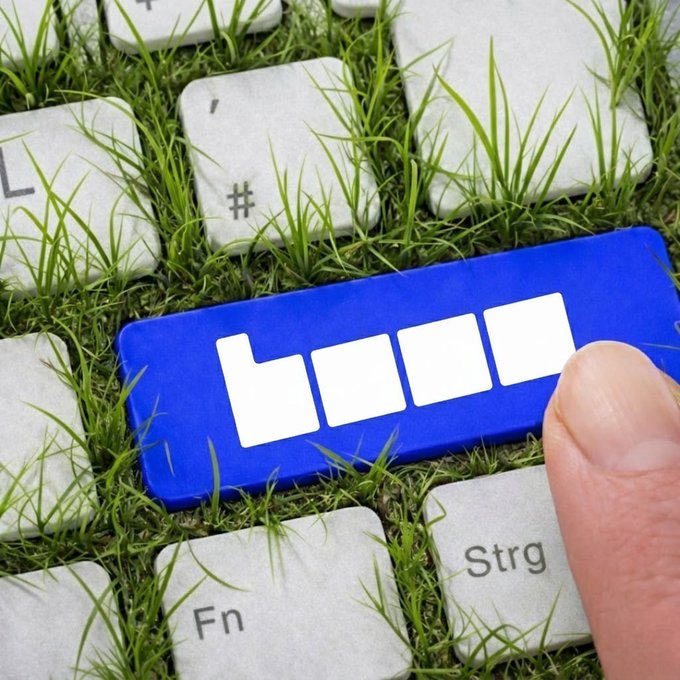 The image features a close-up of a keyboard with green grass growing out from between its keys, creating an interesting contrast between technology and nature. The keyboard has white letters spelling "Base" and a blue button labeled "STRG". A finger is visible on the right side of the keyboard, pointing towards it. The background appears to be a computer screen or monitor displaying the text "Now is the golden time to build on Base".