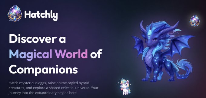 The image features a banner for an anime called "Hatchly" with a blue dragon as its main character, surrounded by other mythical creatures. The text on the banner encourages viewers to explore a magical world of companionship through the anime series.