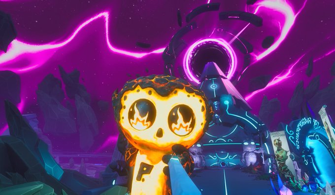 A 3D-rendered scene featuring a small orange character with large fiery eyes standing before a dark portal with glowing purple lightning and ancient ruins in the background.