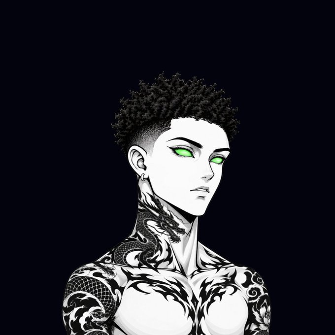 A black and white digital illustration of a person with short curly hair, bright green eyes, and intricate tribal-style tattoos covering their chest, neck, and arms.