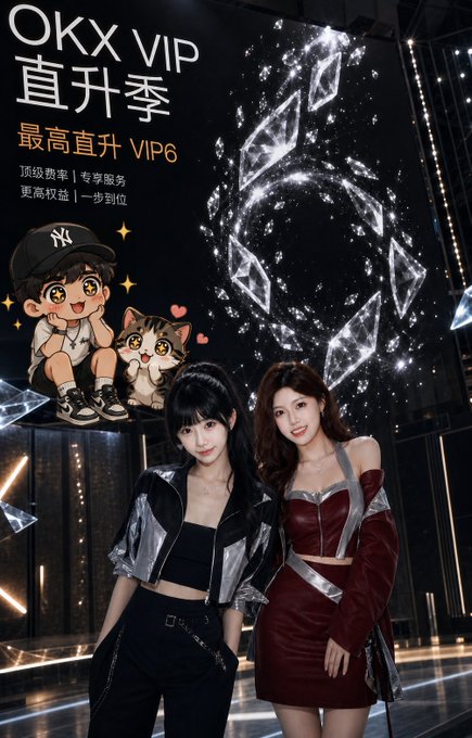 Two women pose in front of a black promotional backdrop featuring the OKX logo and Chinese text reading "OKX VIP 直升季 最高直升 VIP6" (OKX VIP Fast-Track Season, Highest Direct Upgrade to VIP6), alongside a cartoon mascot in a New York Yankees cap with a cat. The image visually reinforces the post's message about OKX's new VIP6 fast-track upgrade program, which lets qualifying users skip the traditional tier-grinding process and leap directly to the highest VIP level.