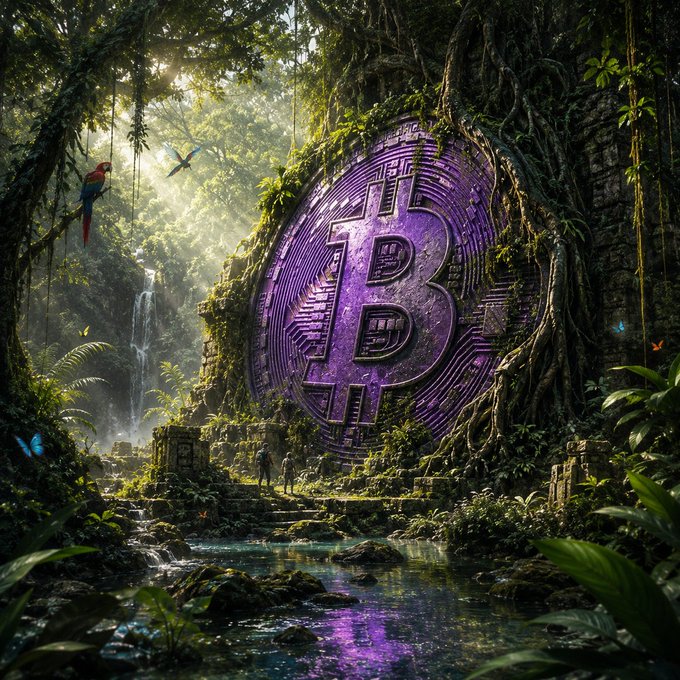 A lush jungle scene featuring a large purple Bitcoin emblem carved into a stone wall surrounded by vines, with a waterfall, a parrot, and small figures standing on ancient steps.