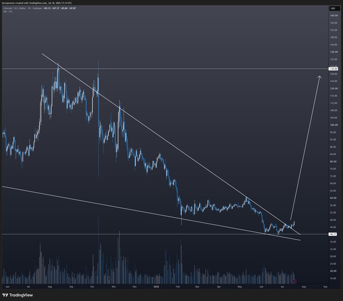 A TradingView chart of Litecoin (LTC/USD) shows a multi-month descending channel pattern with price breaking out of the downtrend near the $44 level, accompanied by an annotated arrow projecting a sharp rally toward $144, visually supporting the post's thesis that LTC is poised for a major rebound after prolonged underperformance.