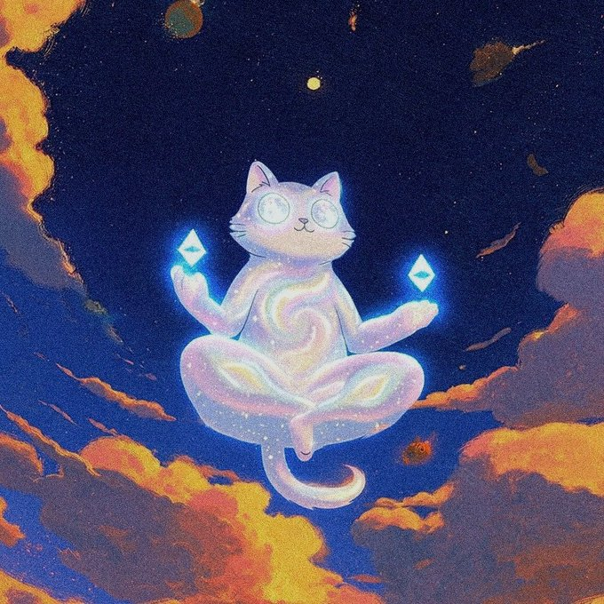 An illustration of a white, swirly cat floating meditatively in a starry sky holding glowing blue diamond symbols.