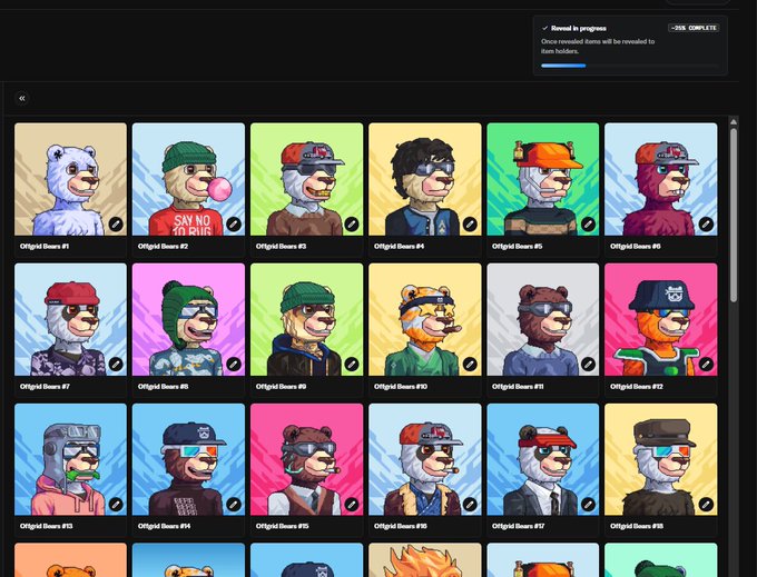A grid display of an NFT collection called 'Offgrid Bears', showing various pixel-art bear characters with different outfits and accessories against colorful backgrounds.
