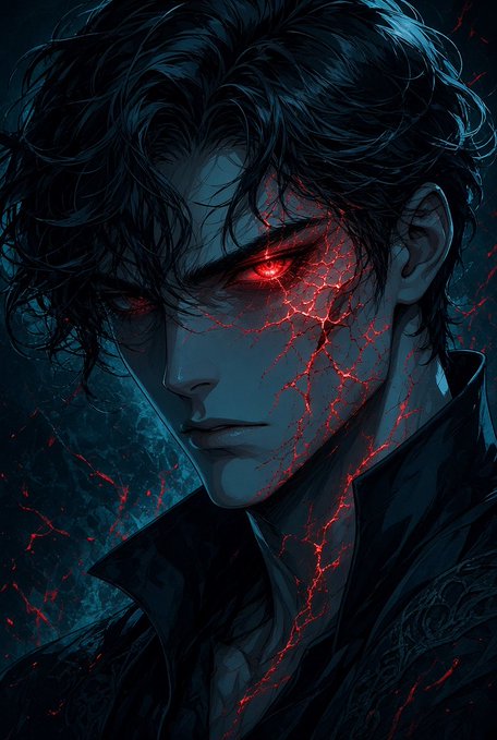 A dark anime-style portrait of a young man with messy black hair and glowing red eyes, his face and clothing cracked with glowing red fissures against a shadowy blue background.