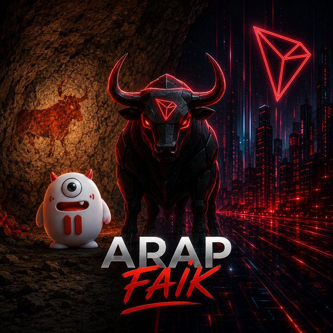 A cyberpunk TRON Bull with glowing red eyes stands beside a small white cartoon creature in a neon-lit digital landscape, with the text "ARAP FAIK" displayed prominently below. The image visually represents the post's theme of TRON Bull's return, blending traditional bull imagery with futuristic technology to symbolize the enduring spirit of innovation and discovery in a changing world.