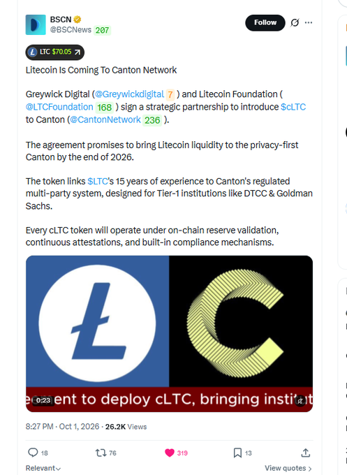 A BSCN tweet announces that Litecoin is coming to Canton Network, detailing a strategic agreement between Greywick Digital and the Litecoin Foundation to introduce cLTC by the end of 2026.