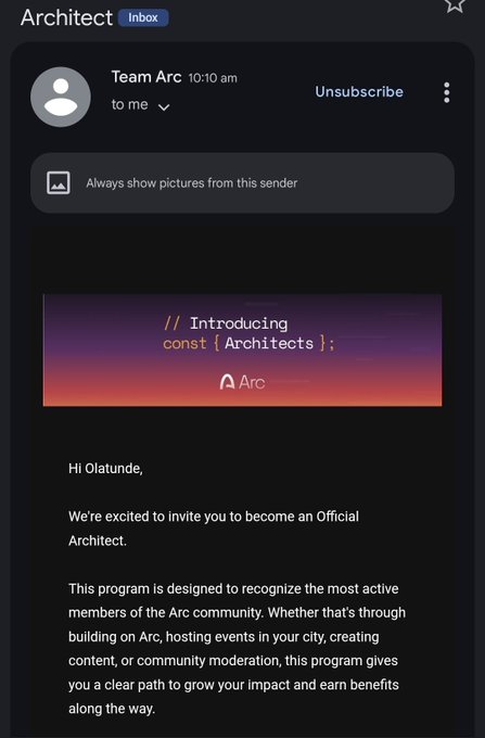 A mobile email from 'Team Arc' inviting the recipient 'Olatunde' to become an Official Architect, introducing 'const { Architects };' with the Arc logo.