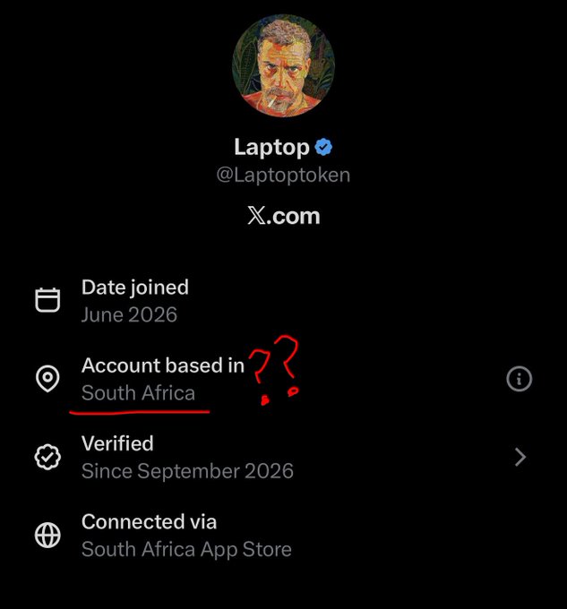 A screenshot of a verified X (formerly Twitter) profile for the account "Laptop" (@Laptoptoken) shows it was joined in June 2026, based in South Africa, and connected via the South Africa App Store, with red question marks and underlines emphasizing the location to support claims that the "Hunter Biden" token is being launched from outside the U.S., making it difficult to pursue the team if they rug pull.