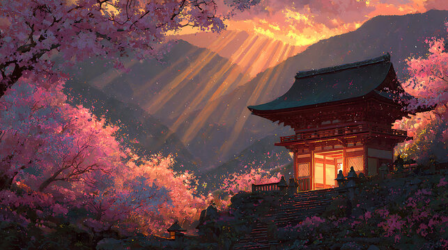 A digital painting depicts a traditional East Asian wooden temple illuminated by golden sunset rays, surrounded by vibrant pink cherry blossom trees with mountains in the background.