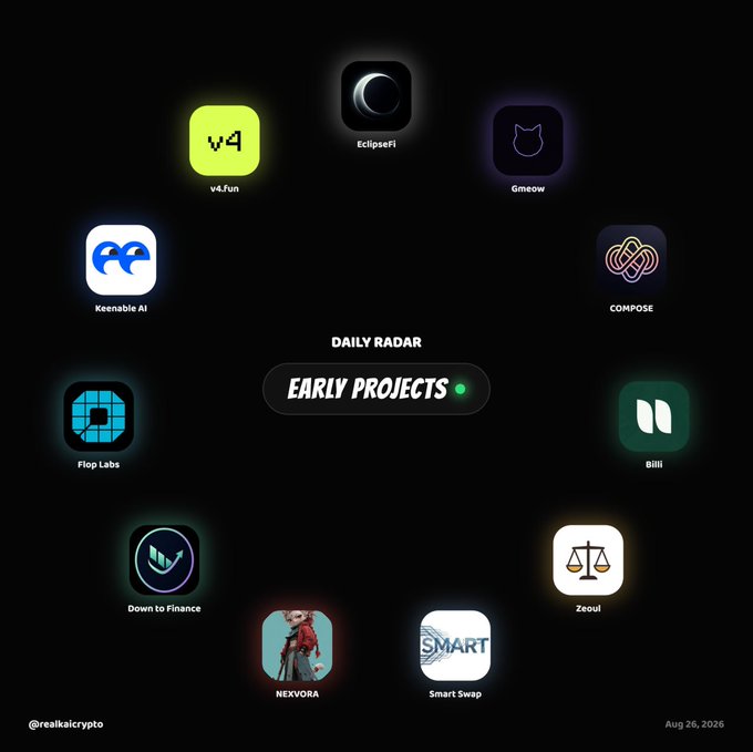 A 'DAILY RADAR' graphic showcasing various crypto and AI project logos including v4.fun, EclipseFi, Gmeow, Keeneble AI, COMPOSE, Flop Labs, Sliii, Down to Finance, Zeoul, NEXVORA, and Smart Swap, dated Aug 26, 2026.