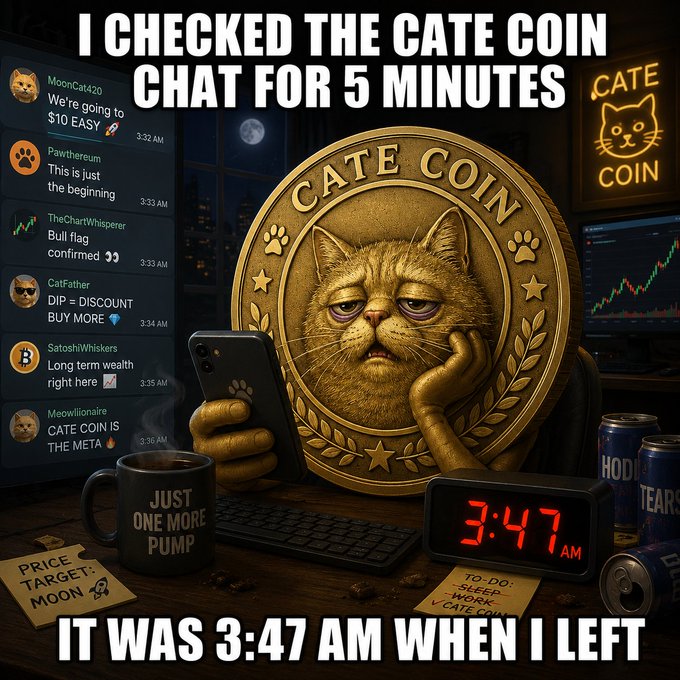 A meme image about 'CATE COIN' featuring a golden cat coin wearing a bored expression while holding a phone, with chat messages about the coin and a clock showing 3:47 AM, captioned 'I CHECKED THE CATE COIN CHAT FOR 5 MINUTES. IT WAS 3:47 AM WHEN I LEFT.'