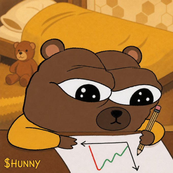 A cartoon illustration of a brown bear with large glossy eyes sitting at a desk drawing a downward-trending stock chart on paper with a pencil, with '$HUNNY' text in the corner and a teddy bear in the background.
