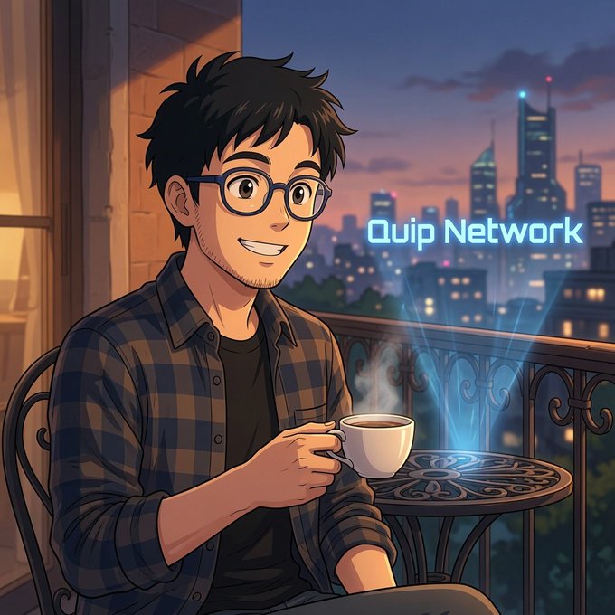 The image features a man sitting at a table holding a cup of coffee while wearing glasses and a plaid shirt. The background shows an urban cityscape with buildings, suggesting that he might be in a city setting or near one. The caption reads "Good Evening, Legends. Winding down the day with a cup of tea and reflecting on @quipnetwork". This post is about Quip Network, which is a company focused on creating long-term and practical solutions for businesses. The man's attire and surroundings reflect this focus on practicality and long-term thinking in their work.