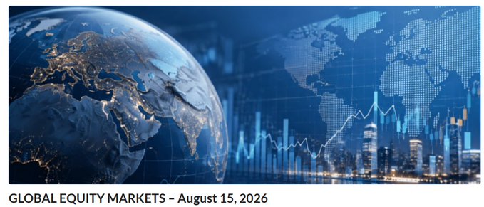 A stylized graphic featuring a glowing globe and upward-trending market charts in blue tones, titled "GLOBAL EQUITY MARKETS – August 15, 2026," symbolizing the interconnected world financial markets referenced in the post about an upcoming cryptocurrency report and potential early release if markets begin moving.