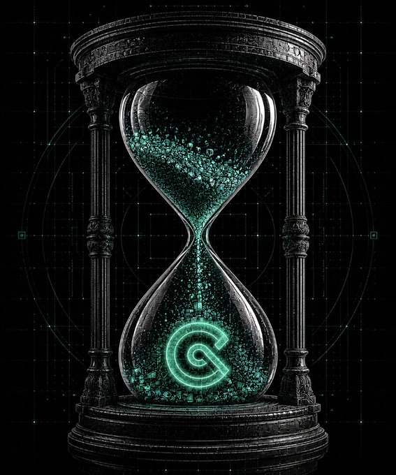 An ornate hourglass with glowing green particles falling through it, featuring a glowing spiral symbol in the lower bulb against a dark background with grid lines.
