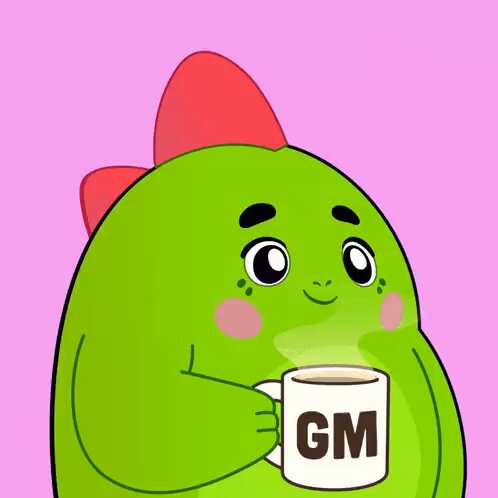 The image features a cartoon character with a green body holding a white mug filled with coffee. The character has a red head and a pink tongue sticking out of its mouth. The background color of the image is pink, which contrasts with the green body of the character. There are no texts or other objects in the image besides the cartoon character and the cup of coffee it's holding.