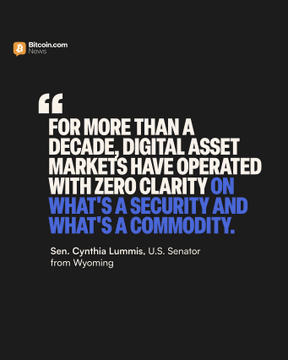 The image is a Bitcoin.com News graphic featuring a quote in white and blue text on a black background from Sen. Cynthia Lummis of Wyoming, stating: "For more than a decade, digital asset markets have operated with zero clarity on what's a security and what's a commodity." The graphic visually highlights Lummis's call for regulatory clarity, supporting her accompanying statement about "The Clarity Act" ending the guessing game over digital asset classification.