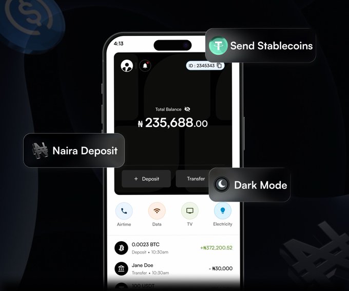 A mobile app advertisement featuring a phone mockup displaying a Total Balance of ₦235,688.00, with highlighted features for 'Naira Deposit', 'Send Stablecoins', and 'Dark Mode'.