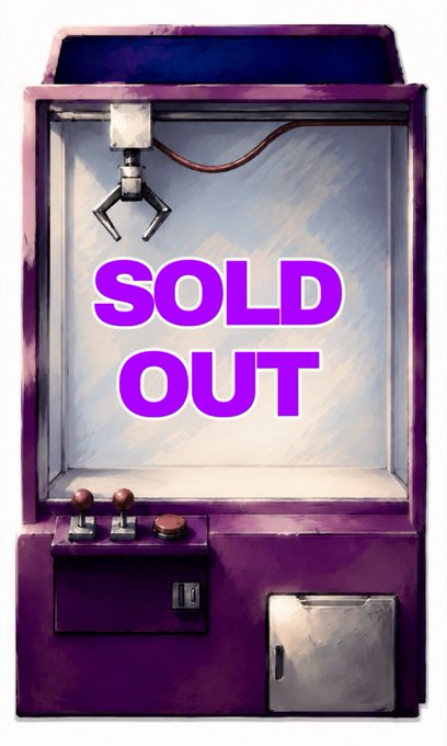 A purple claw machine displays the bold text "SOLD OUT" across its screen, visually reinforcing the announcement that all 333 units have been claimed. The image playfully aligns with the "sold out" message, with the empty claw serving as a fitting metaphor for the completed drop.