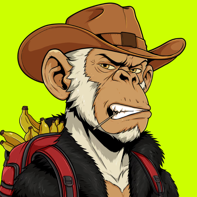 A cartoon illustration features a grumpy-looking monkey wearing a brown cowboy hat, smoking a toothpick, and carrying a red backpack stuffed with bananas, set against a bright green background.