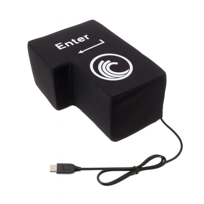 A novelty plush pillow designed to look like a giant black computer keyboard 'Enter' key, complete with a USB cable, the Enter symbol, and a wave logo.