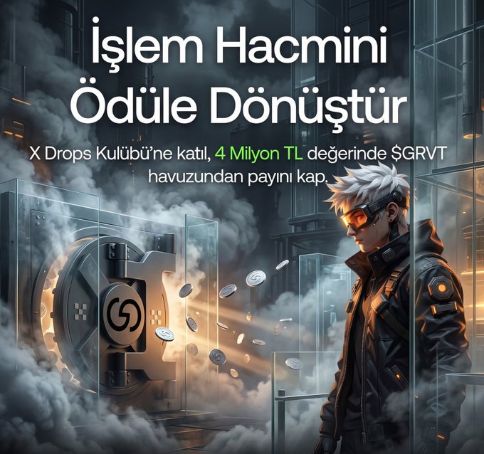 A promotional graphic with Turkish text reading "İşlem Hacmini Ödüle Dönüştür" featuring an anime-style character in front of a vault, advertising an X Drops club promotion for "4 Milyon TL" worth of $GRVT tokens.