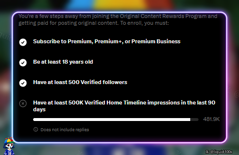 A Twitter/X Original Content Rewards Program eligibility screen showing requirements: Subscribe to Premium, be at least 18, have at least 500 Verified followers, and have at least 500K Verified Home Timeline impressions in the last 90 days (currently at 481.9K, marked incomplete).
