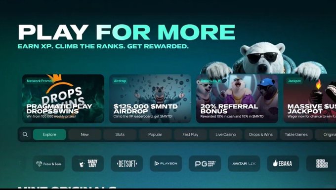 A digital casino advertisement reading 'PLAY FOR MORE' with promotional banners including 'DROPS', 'AIRDROP $125,000', and 'REFERRAL BONUS' alongside a polar bear mascot in sunglasses.