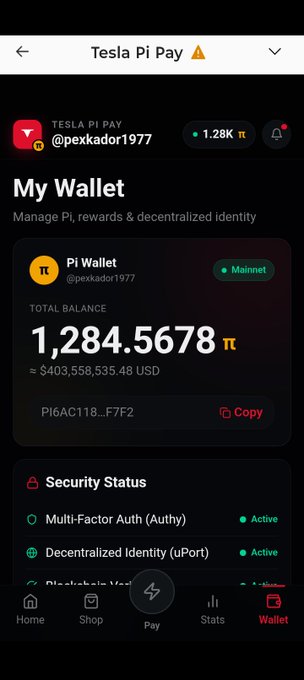 A mobile app screenshot for 'Tesla Pi Pay' (@pexkador1977) shows a 'Pi Wallet' with a total balance of '1,284.5678 π' (approximately $403,558,535.48 USD) and active Multi-Factor Auth and Decentralized Identity.