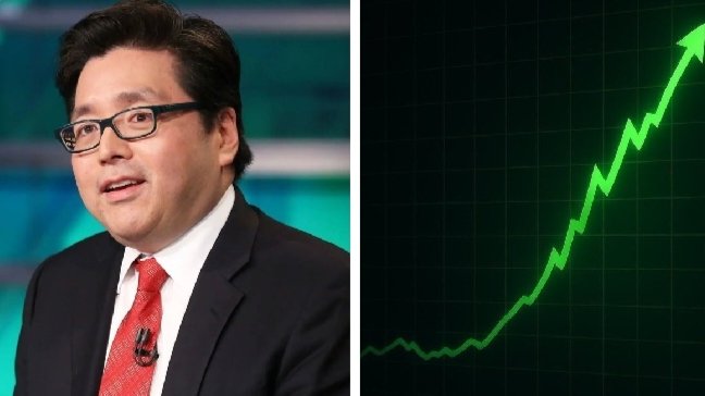 The image features a man wearing glasses with a suit and tie, sitting behind a desk. The background includes two graphs - one depicting an upward trend or a growing line, and another showing Bitcoin's value over time. One of the lines on the graph indicates that Bitcoin has reached $1800 in value at this point in time. This information is consistent with what Tom Lee, the man in glasses, says he believes Bitcoin could reach $180,000 by June as institutional adoption, ETF inflows, and long-term demand continue to strengthen the market. The two graphs together convey a growing sentiment about the Bitcoin market's future potential.