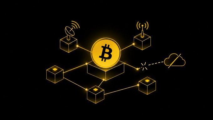 Image 10: A golden 3D network diagram on a black background, centered around a Bitcoin logo, connecting to cubes, satellite dishes, and a cloud icon with a loading symbol.