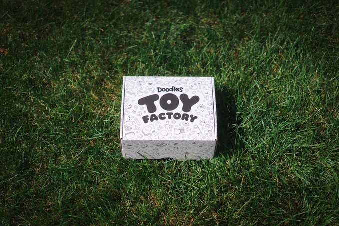 A "Doodles Toy Factory" branded box sits on a grassy lawn, freshly unboxed. The playful packaging features toy-themed doodles and bold black text, matching the "just received this" excitement of receiving the collectible.