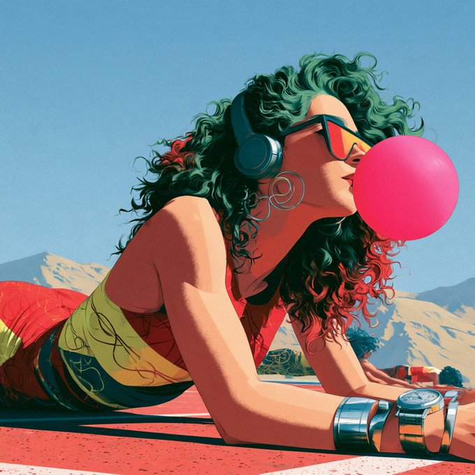 Vibrant pop-art illustration of a curly-haired woman blowing a pink bubblegum bubble while wearing headphones and sunglasses, reclining outdoors.