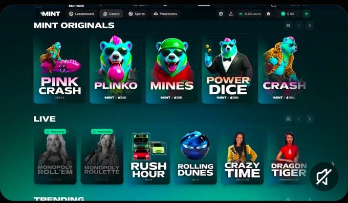 A screenshot of the MINT casino/sports betting website showing categories like "MINT ORIGINALS" (Pink Crash, Plinko, Mines, Power Dice, Crash) and "LIVE" games (Monopoly Roll'em, Monopoly Roulette, Rush Hour, Rolling Dunes, Crazy Time, Dragon Tiger).