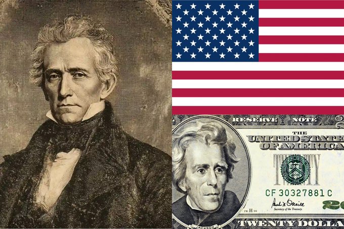 A portrait of Andrew Jackson appears next to the American flag and a U.S. $20 bill featuring his likeness, with visible text including "THE UNITED STATES OF AMERICA," "RESERVE NOTE," "TWENTY DOLLARS," and serial number "CF 30327881 C." The "WTF" caption likely reflects confusion or frustration over Jackson's controversial legacy, given his prominent placement on both a national symbol and currency despite his divisive history.