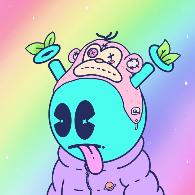 A cartoon illustration of a teal alien-headed character wearing a pink hat and purple hoodie, with its tongue sticking out against a rainbow background.