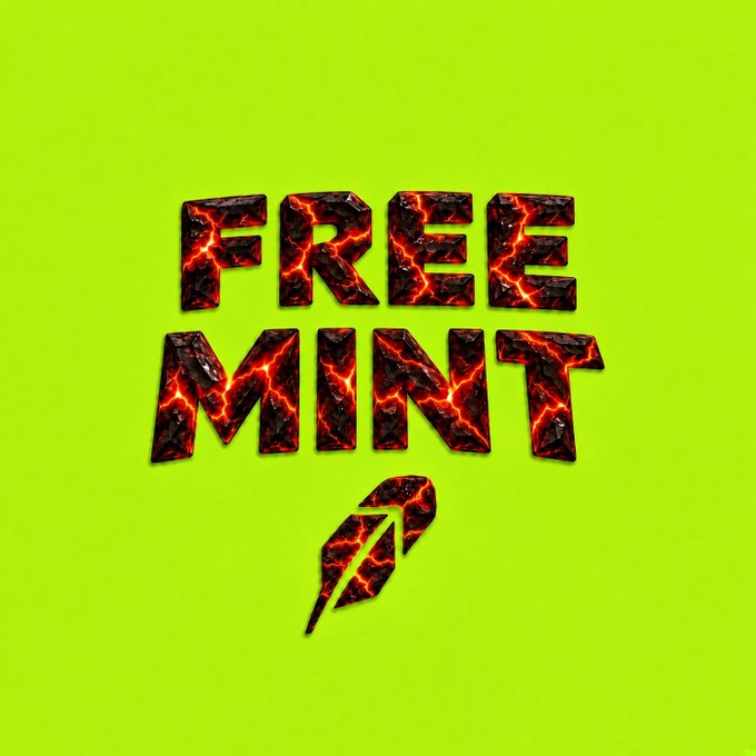 A logo with 'FREE MINT' text rendered in a cracked stone texture with glowing red lava veins, above a feather icon, set against a bright green background.