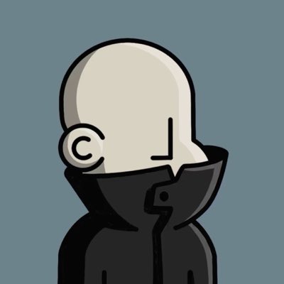 A cartoon illustration of a bald figure in a black coat with their face obscured by a digital glitch effect against a teal background.